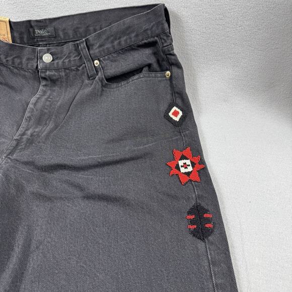 Polo Ralph Lauren Beaded Southwestern Avery Boyfriend Jeans Black 32R Aztec Boho - Picture 3 of 16